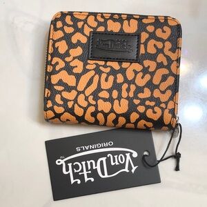 Von Dutch Orange Cheetah Zip Up Bifold Faux Leather Wallet Logo Accent NWT
